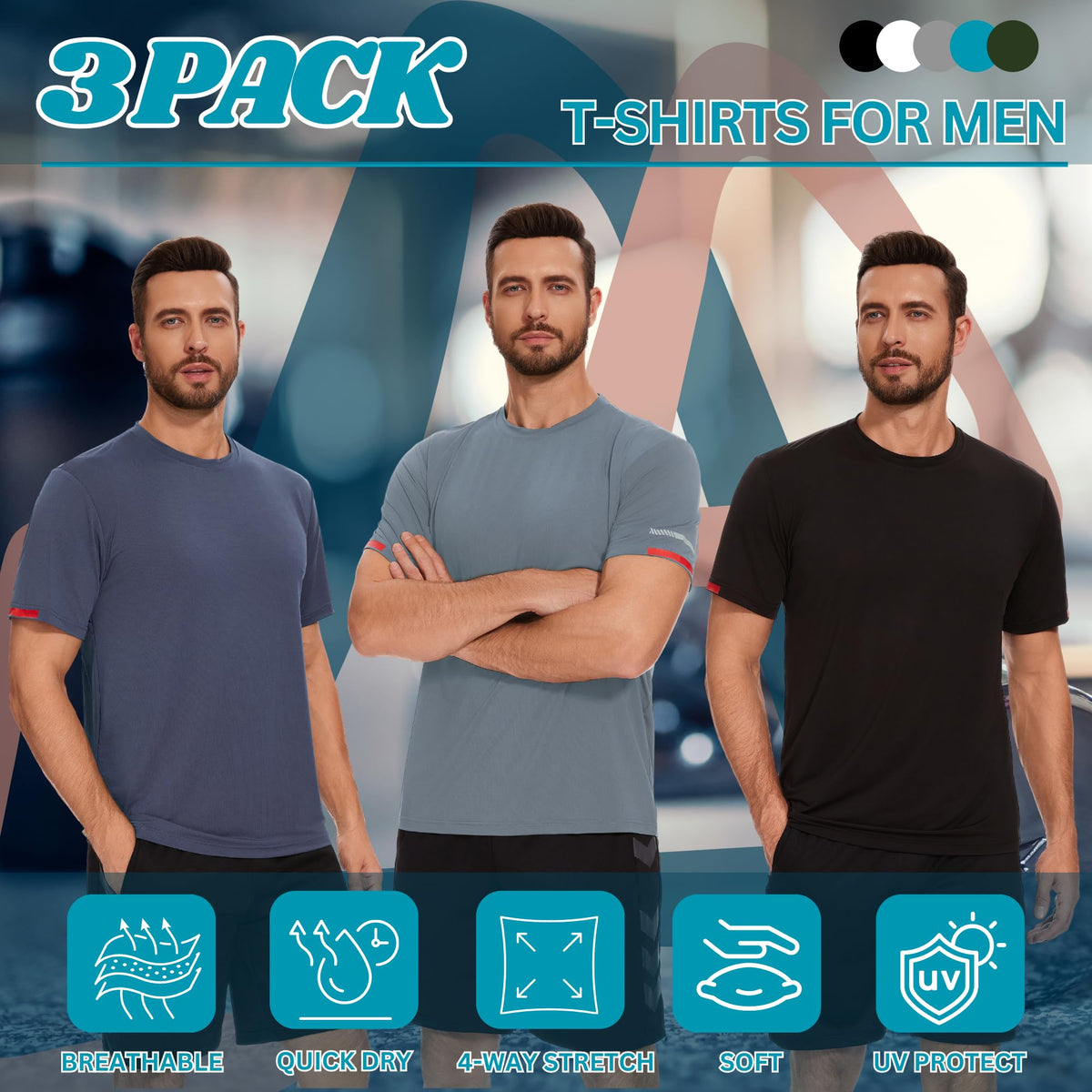 AMZSPORT Herren Sport T-Shirts, 3/5er-Pack Atmungsaktive & Schnelltrocknende Mesh Kurzarmshirts für Laufen, Training & Fitness