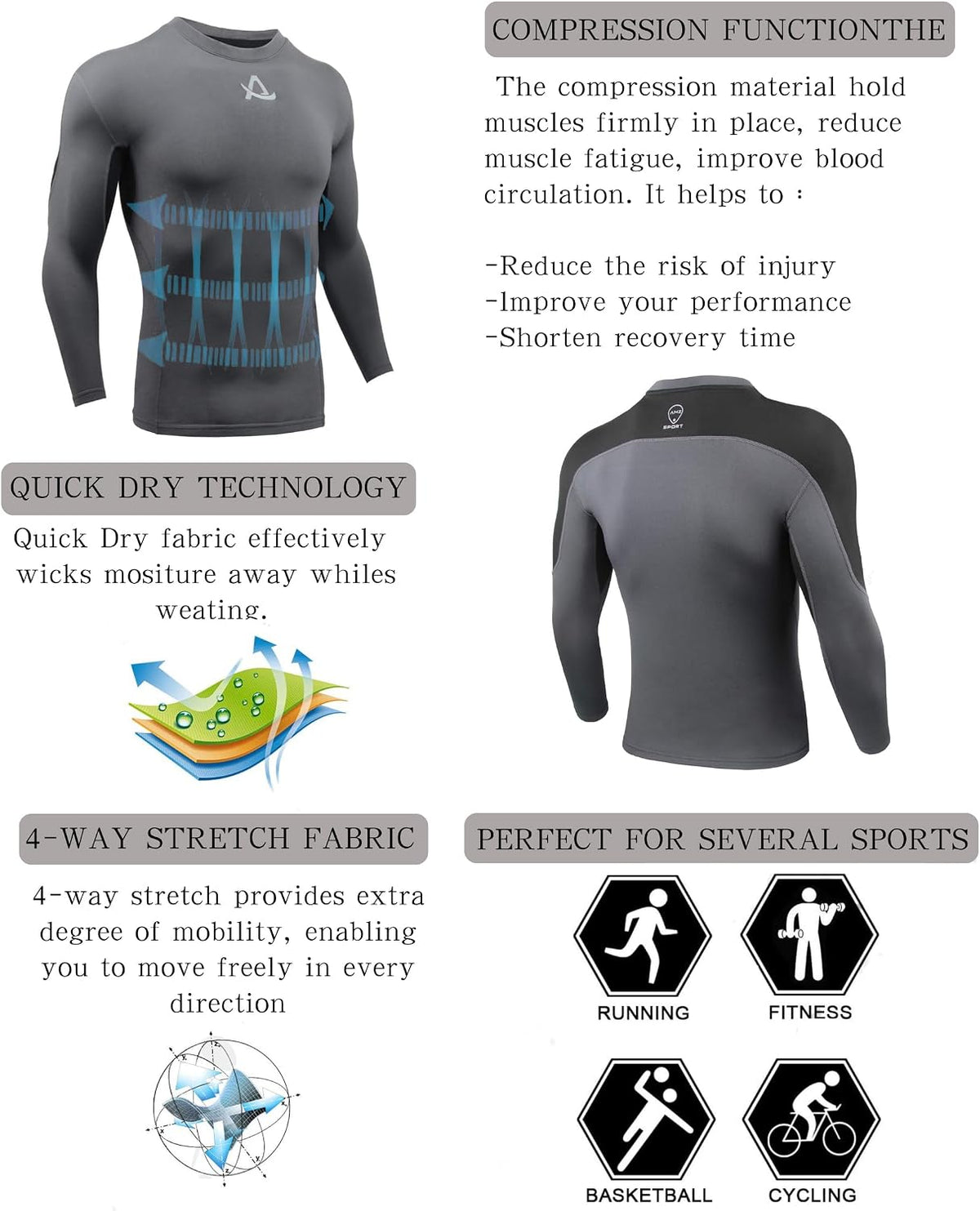 AMZSPORT Men's Long Sleeve Compression Shirt, Breathable