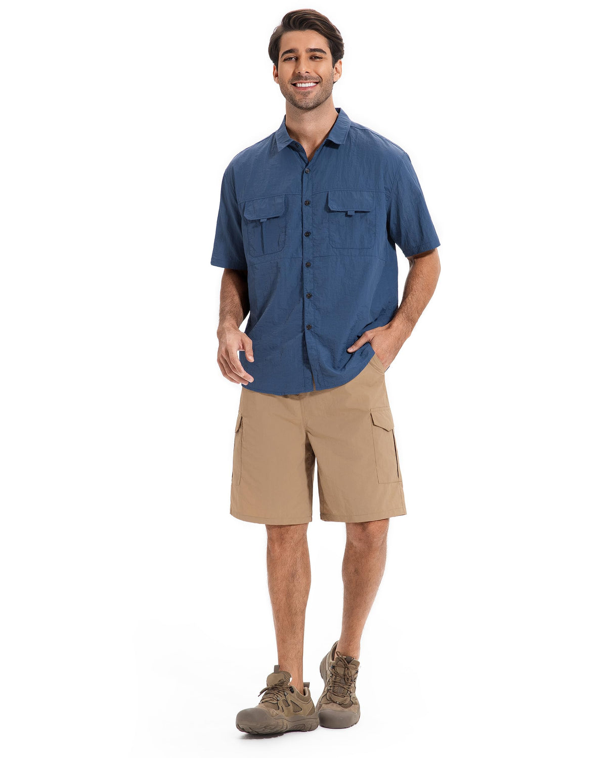 AMZSPORT Men's Quick-Dry Short Sleeve Button Shirt with Pockets
