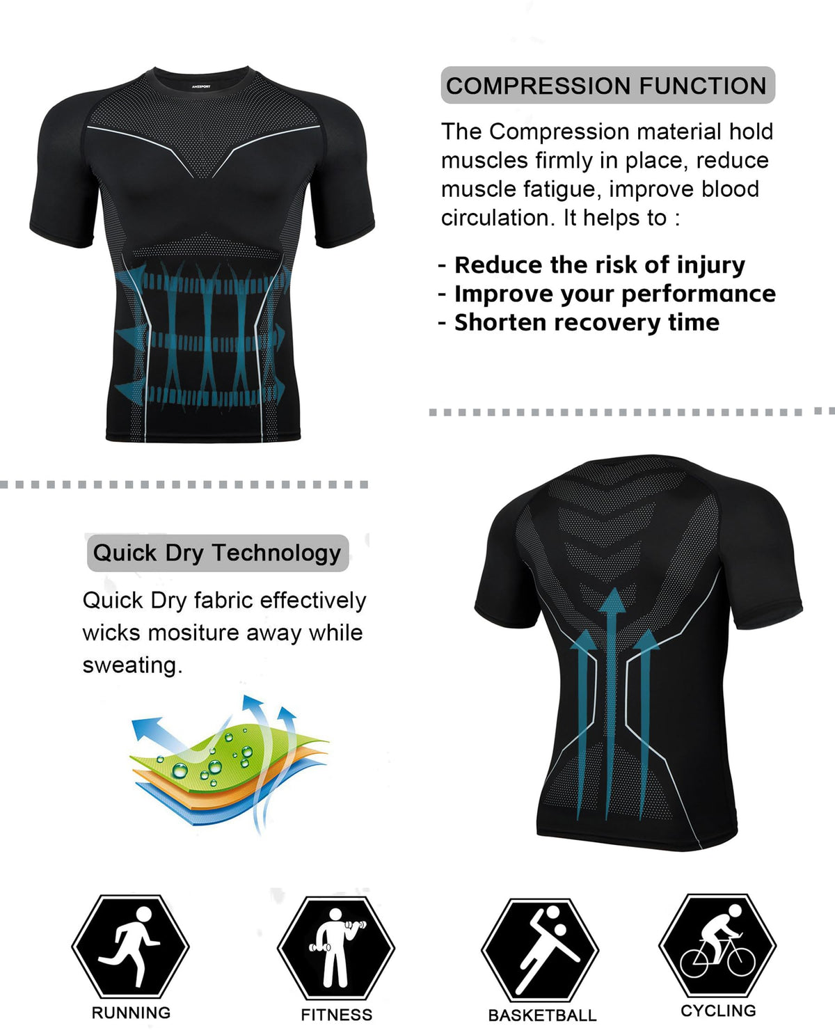 AMZSPORT Men's Breathable Compression Shirt, Short Sleeve