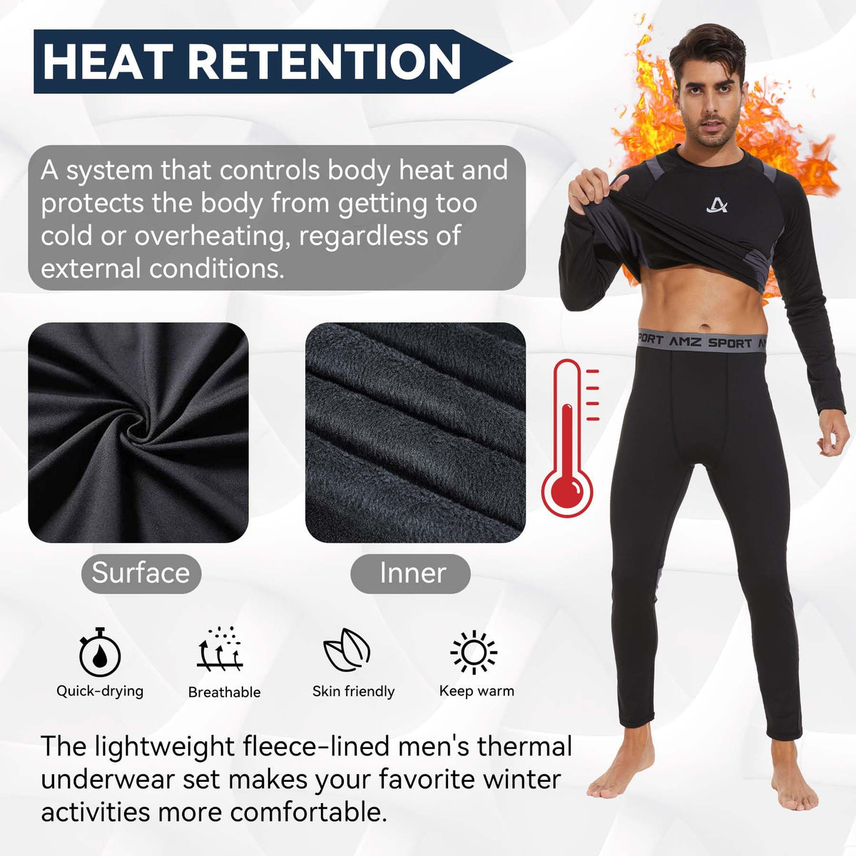 AMZSPORT Men's Warm Thermal Underwear Set, Base Layer
