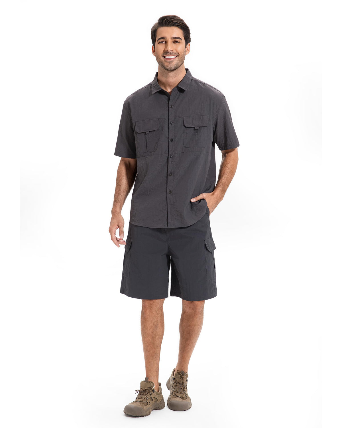 AMZSPORT Men's Quick-Dry Short Sleeve Button Shirt with Pockets
