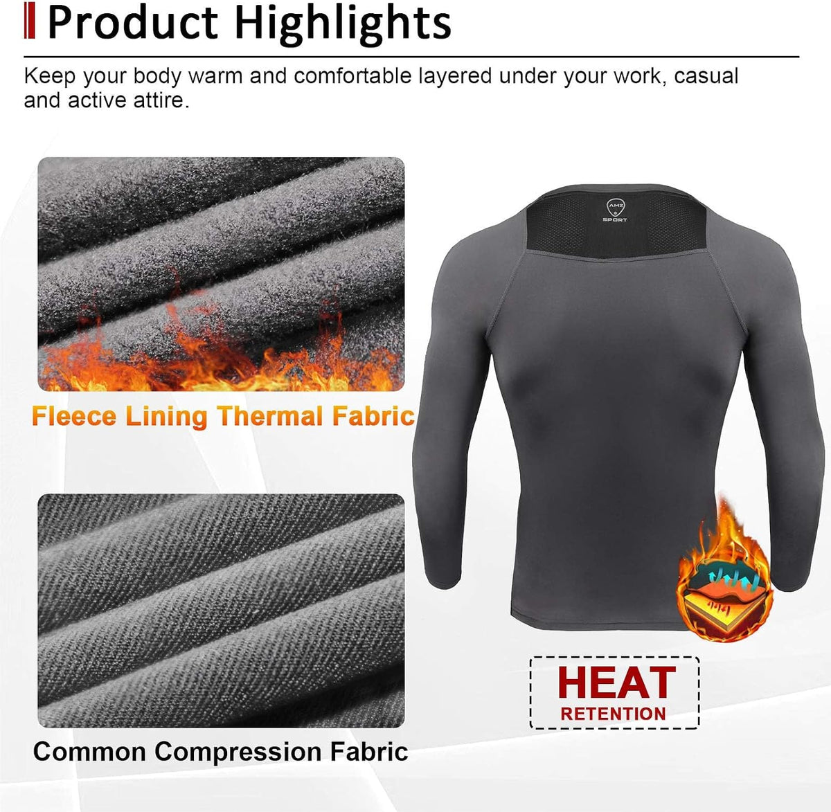 AMZSPORT Men's Long Sleeve Compression Shirt, Breathable