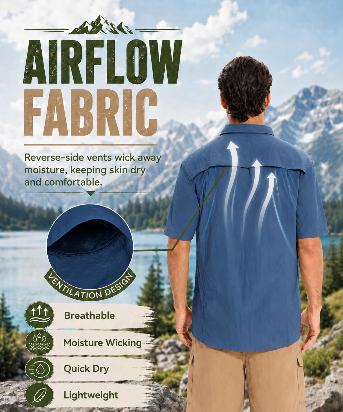 AMZSPORT Men's Quick-Dry Short Sleeve Button Shirt with Pockets