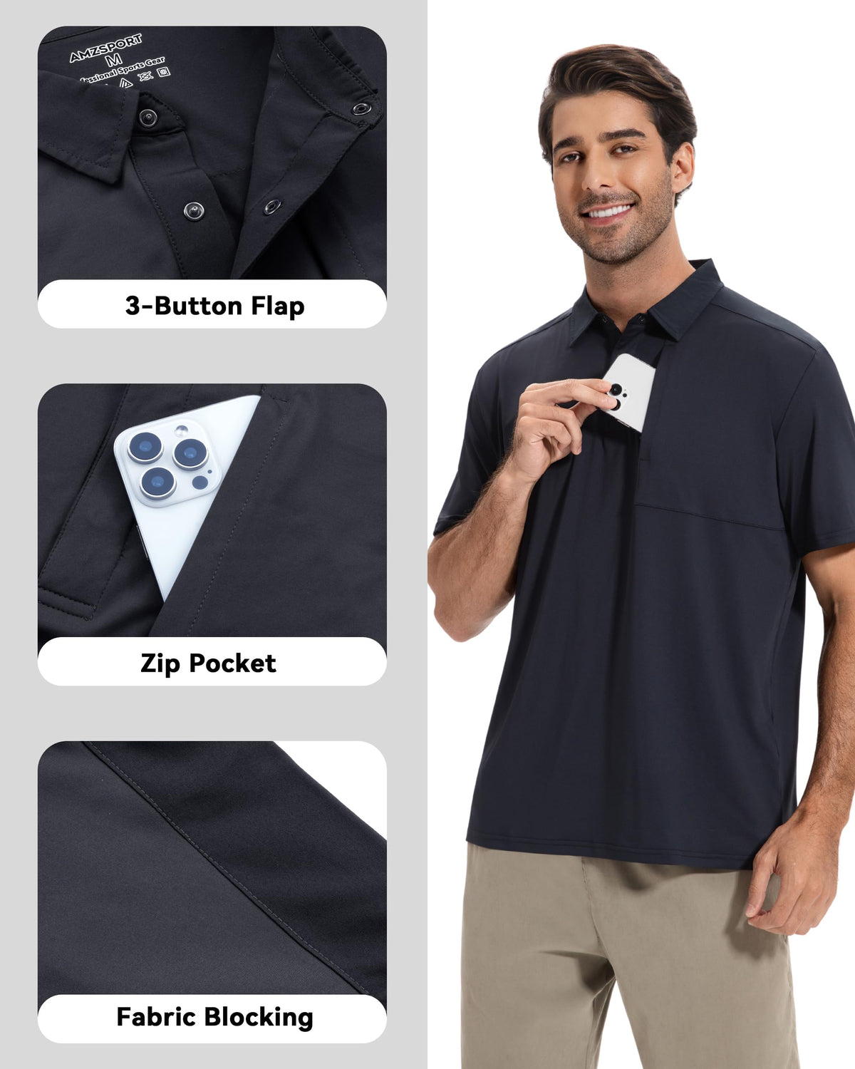 AMZSPORT Men's Short Sleeve Polo Shirt Quick-Dry Zip Pocket Sport