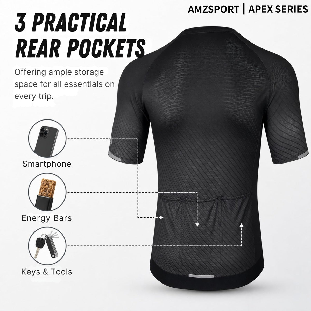AMZSPORT Men's Short Sleeve Cycling Jersey Zip Pockets Quick-Dry Top