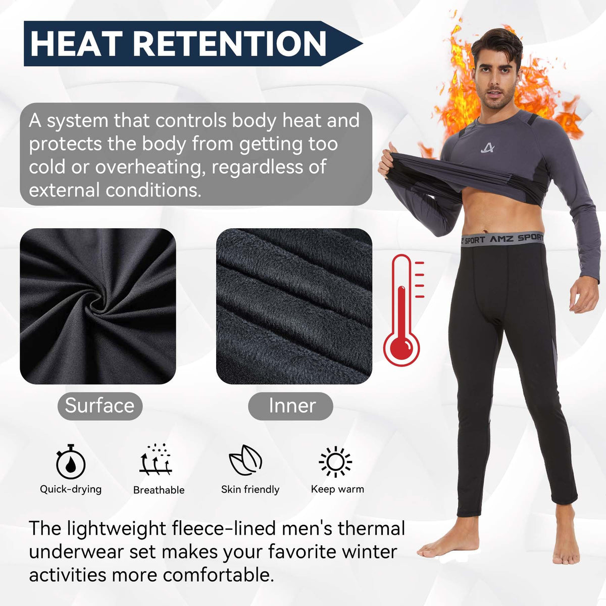 AMZSPORT Men's Warm Thermal Underwear Set, Base Layer