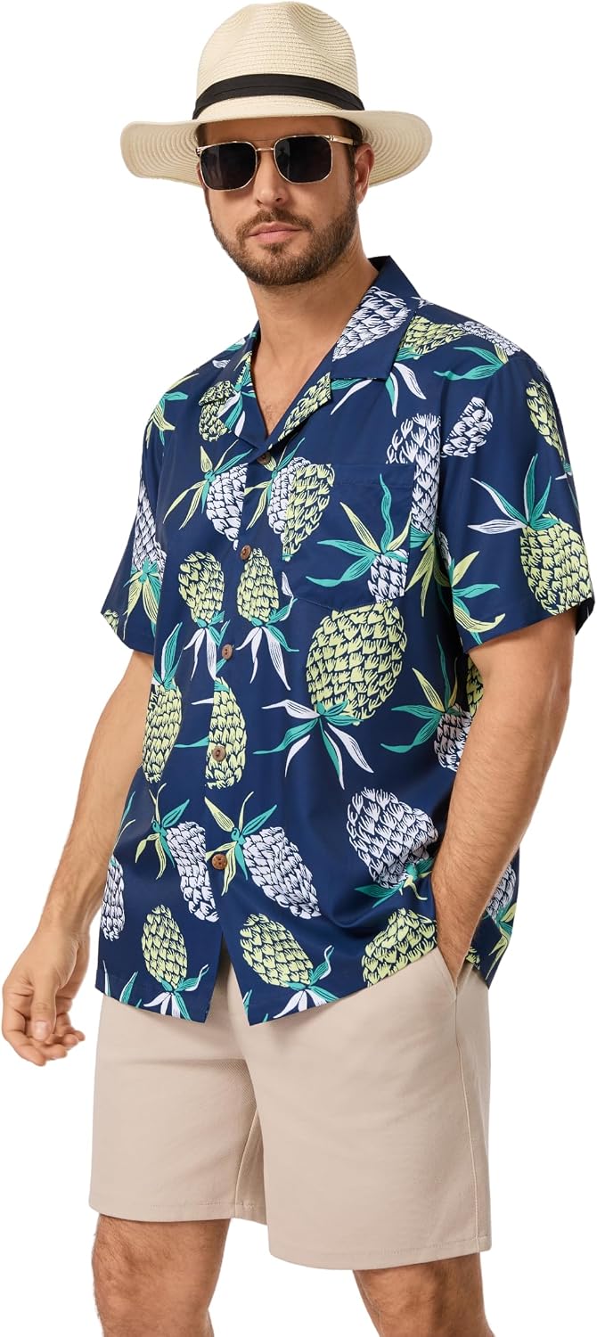 AMZSPORT Men's Hawaiian Shirt, Short Sleeve Summer Beach Shirt