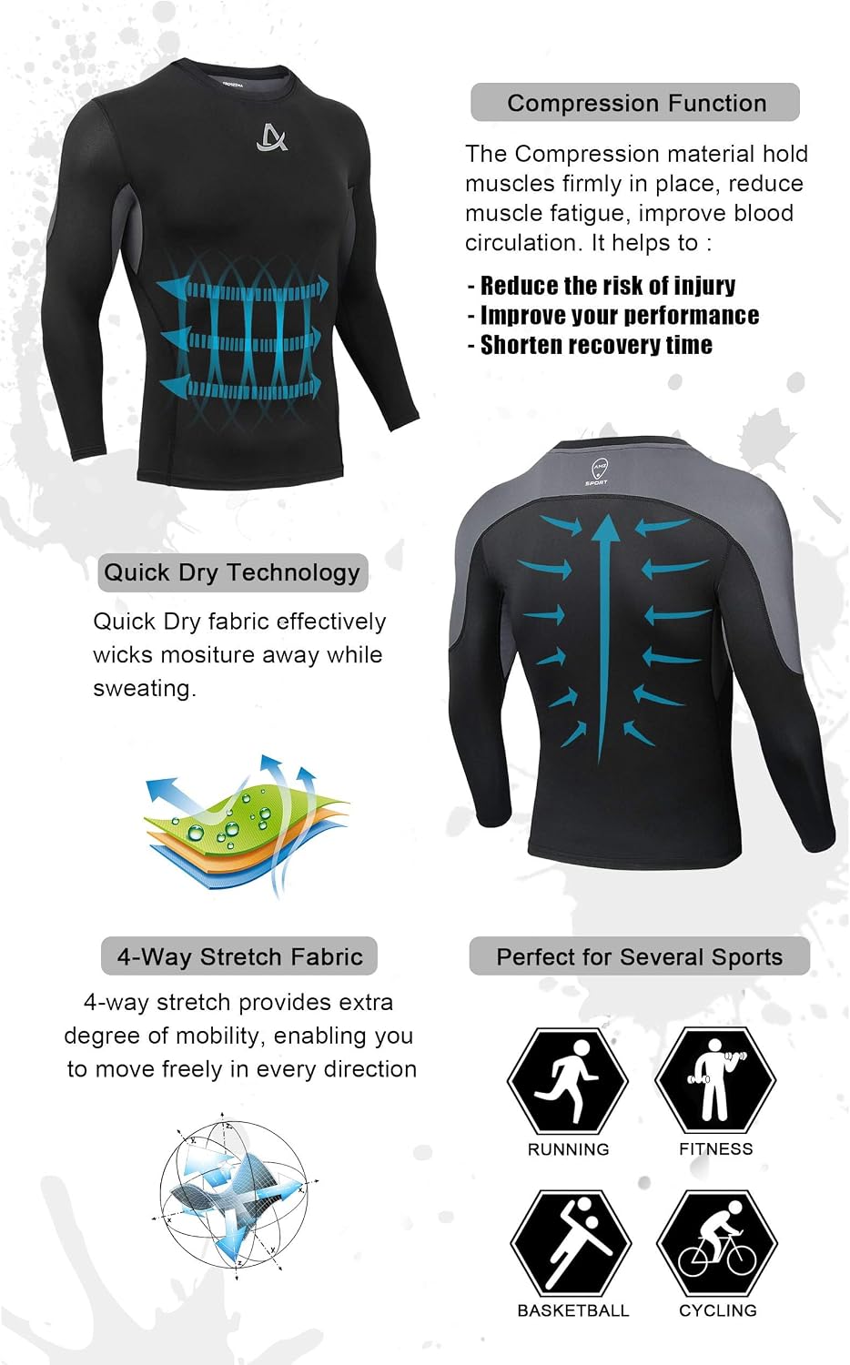 AMZSPORT Men's Long Sleeve Compression Shirt, Breathable