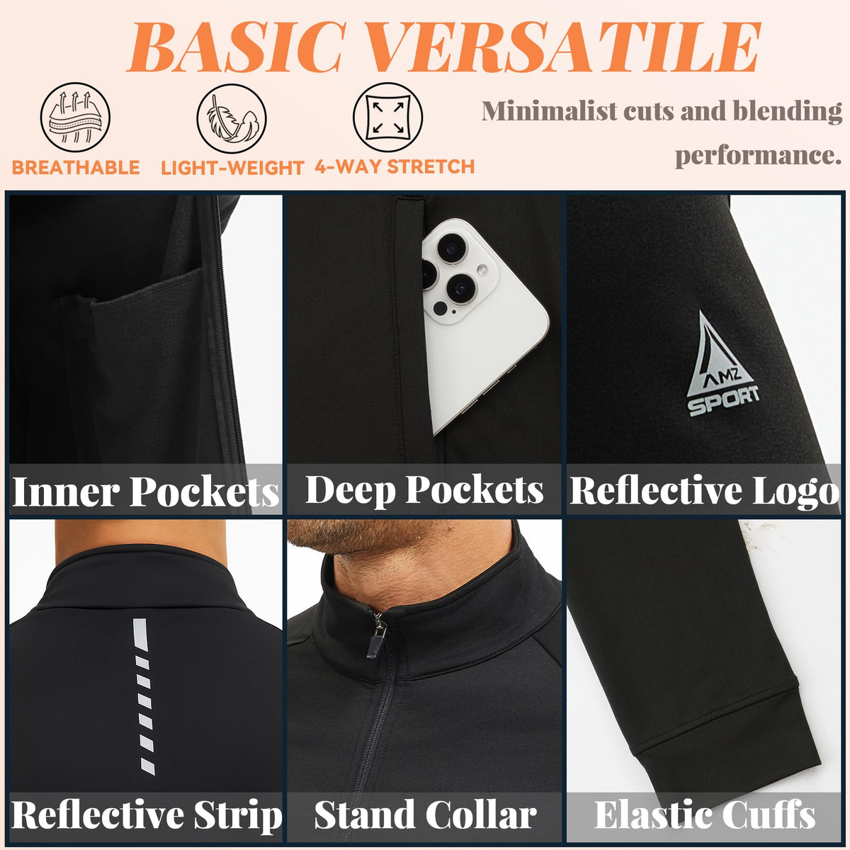 AMZSPORT Men's Microfleece Running Jacket with Zip Pockets