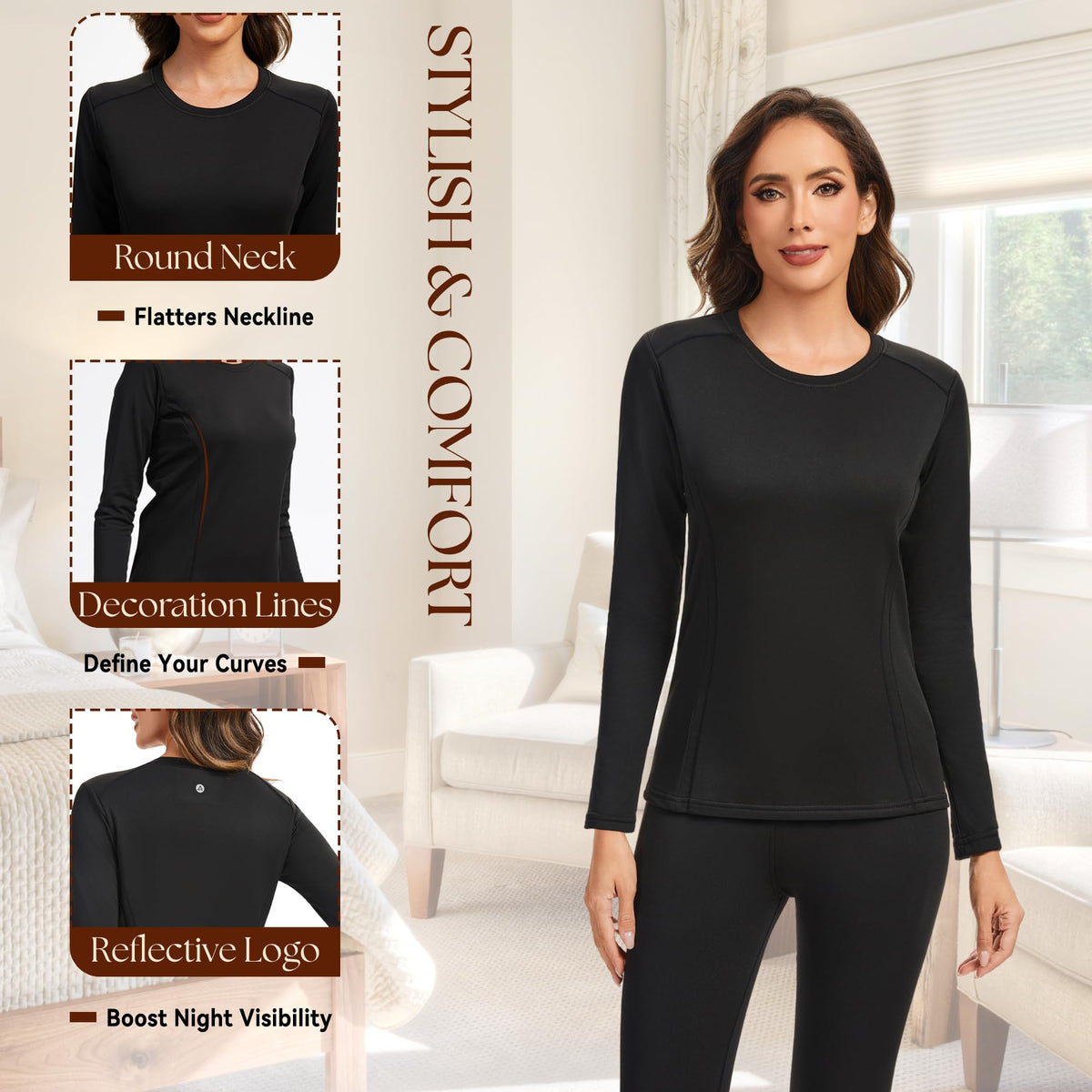 AMZSPORT Women's Thermal Long Sleeve Shirt Slim Fit Winter Base Layer