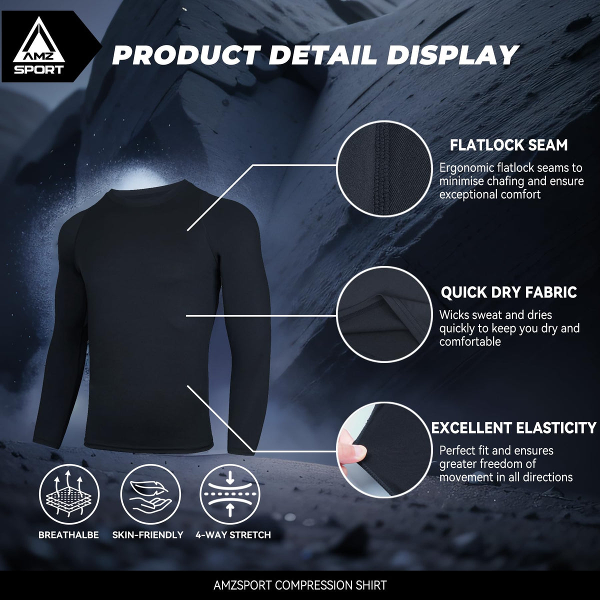 AMZSPORT Men's Long Sleeve Compression Shirt, Quick-Dry