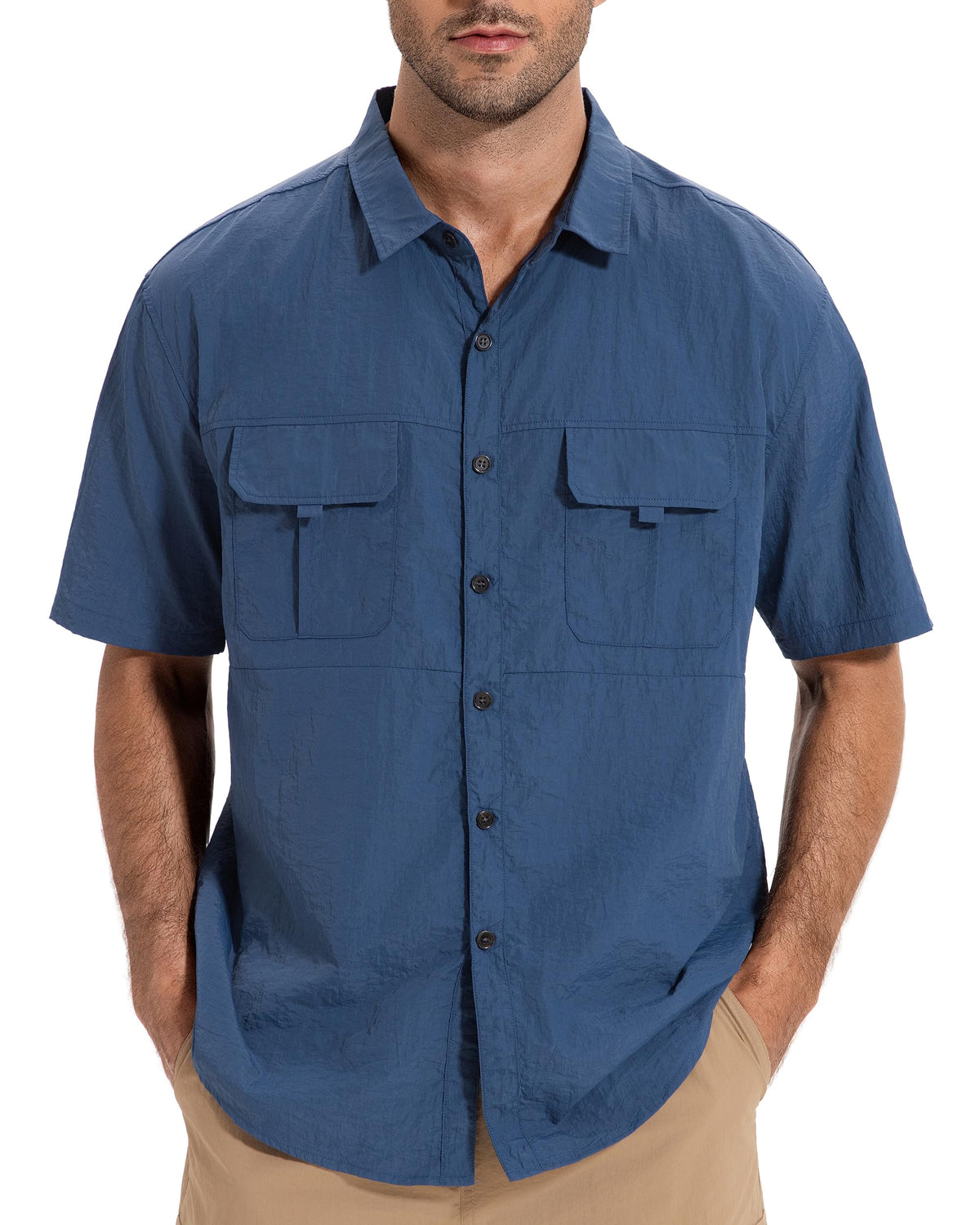 AMZSPORT Men's Quick-Dry Short Sleeve Button Shirt with Pockets
