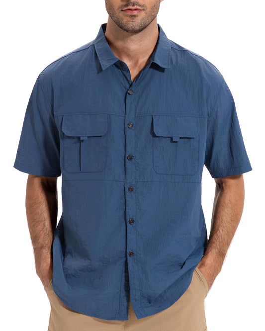 AMZSPORT Men's Quick-Dry Short Sleeve Button Shirt with Pockets