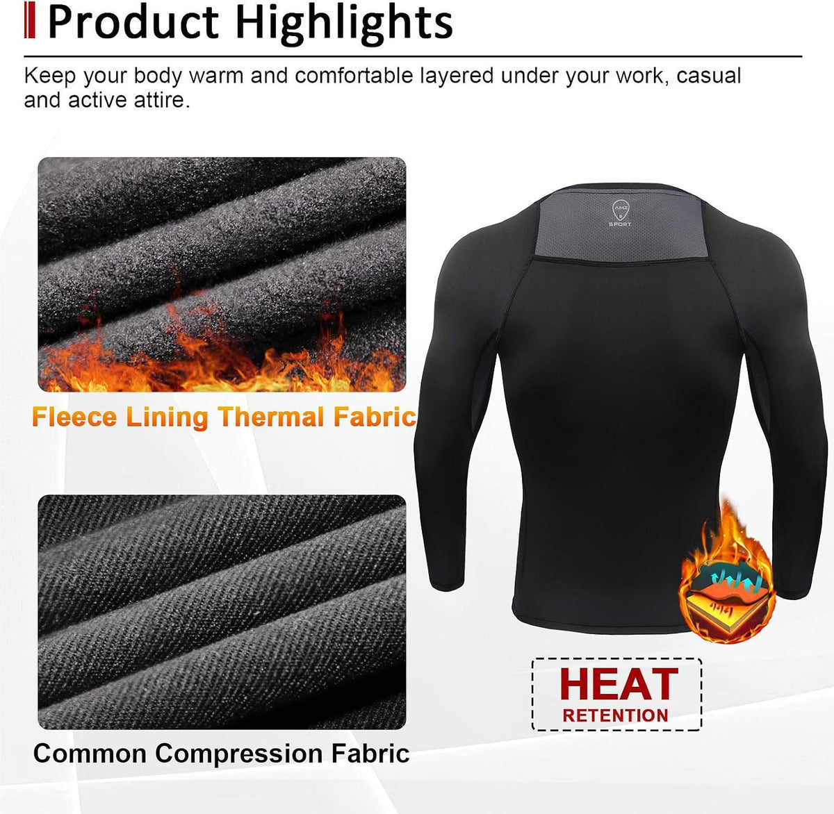 AMZSPORT Men's Long Sleeve Compression Shirt, Breathable