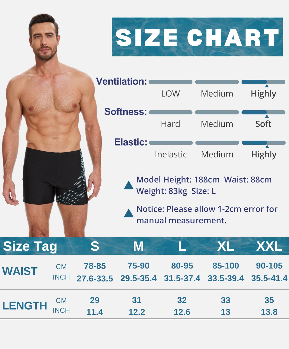 AMZSPORT Men's Tight-Fit Swim Trunks, Water Sports Swimwear