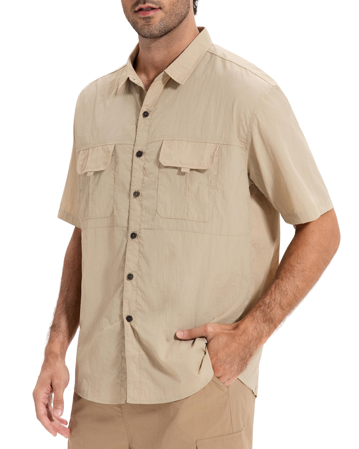 AMZSPORT Men's Quick-Dry Short Sleeve Button Shirt with Pockets