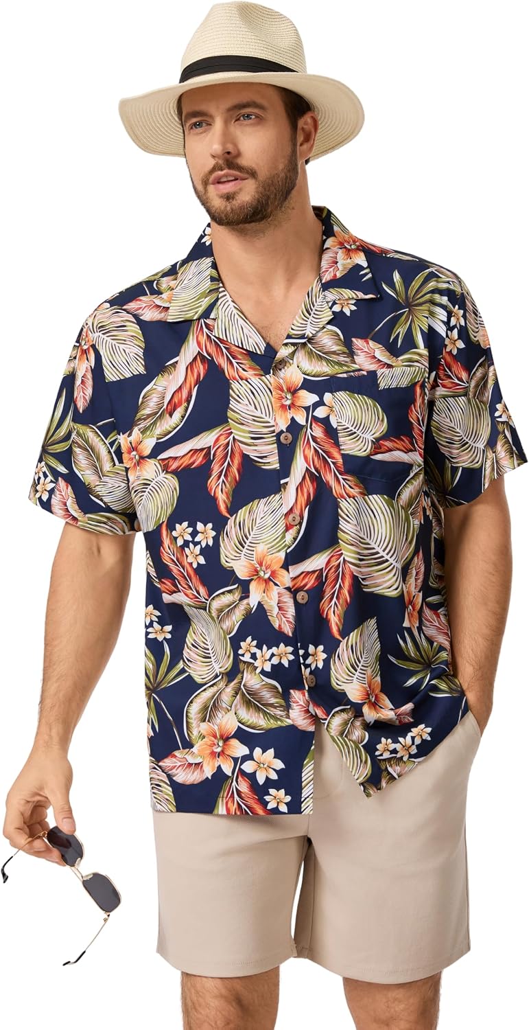 AMZSPORT Men's Hawaiian Shirt, Short Sleeve Summer Beach Shirt