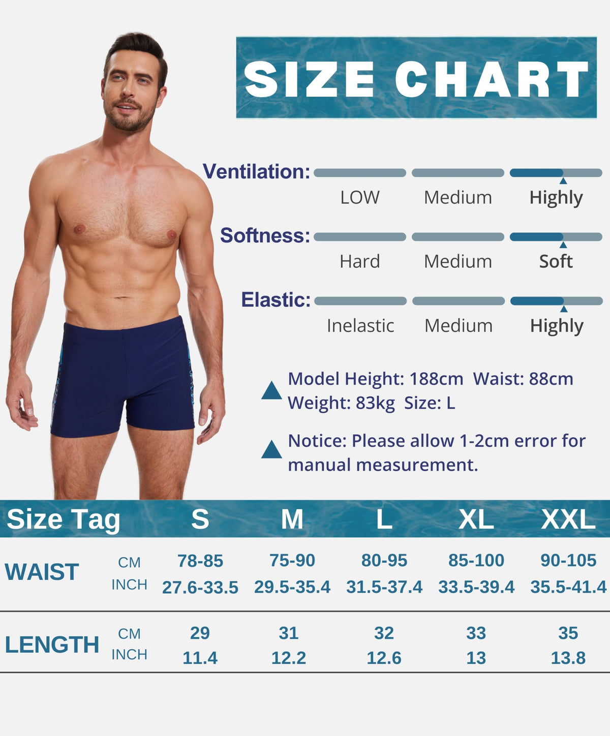 AMZSPORT Men's Tight-Fit Swim Trunks, Water Sports Swimwear