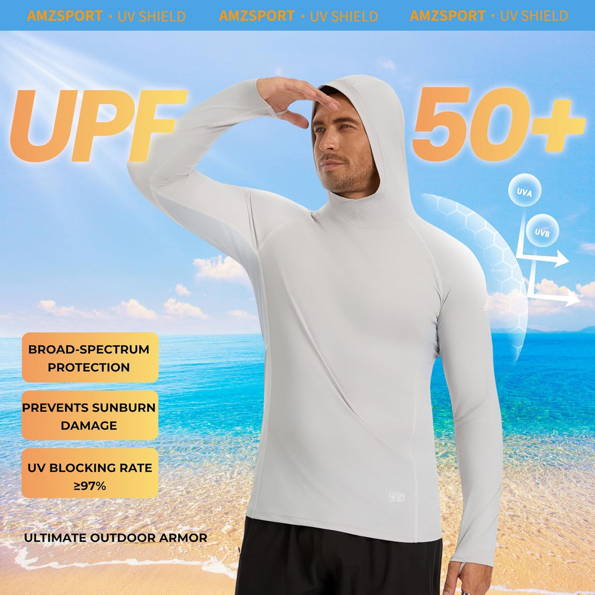 AMZSPORT Men's UPF 50+ UV Protection Hoodie with Thumb Holes, Fishing