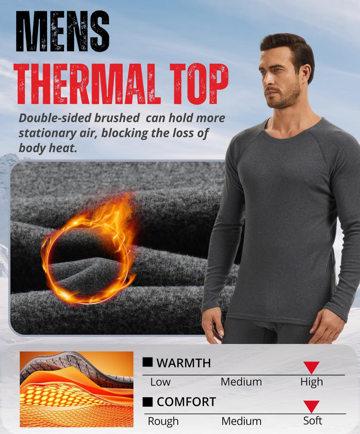 AMZSPORT Men's Thermal Long Sleeve Shirt Winter Ski Base Layer Top