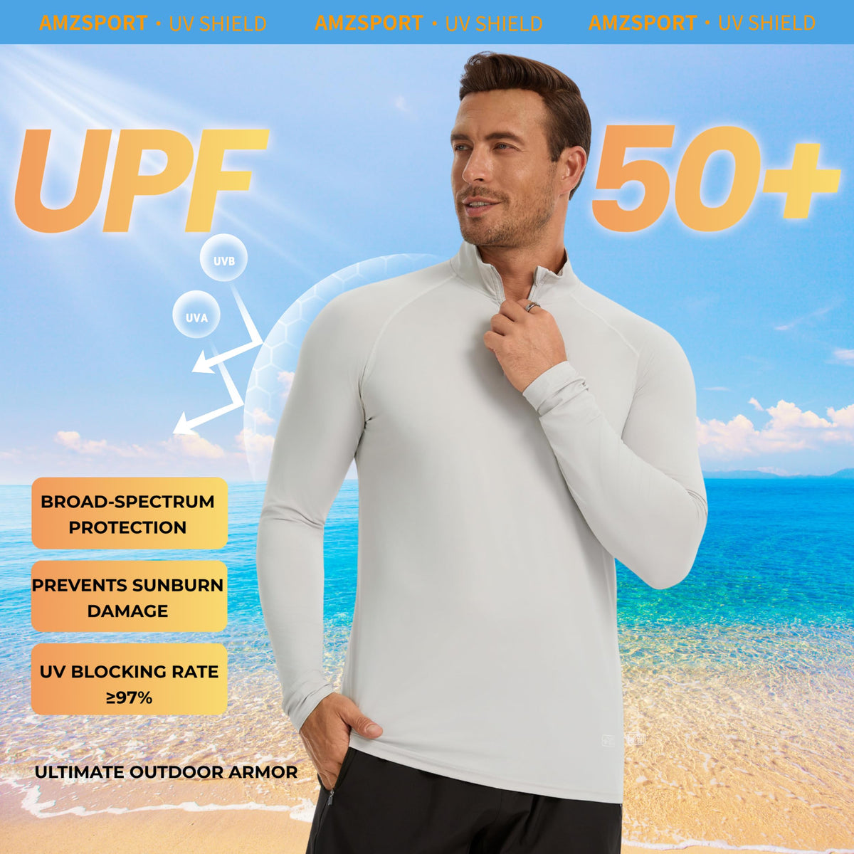 AMZSPORT Men's UPF 50+ Long Sleeve Rash Guard with 1/4 Zip