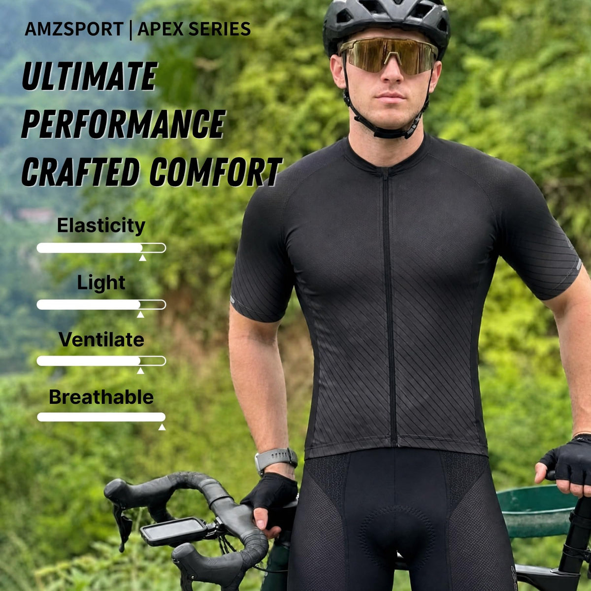 AMZSPORT Men's Short Sleeve Cycling Jersey Zip Pockets Quick-Dry Top