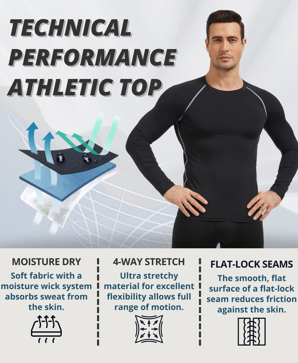 AMZSPORT Men's Long Sleeve Compression Running Shirt Quick Dry