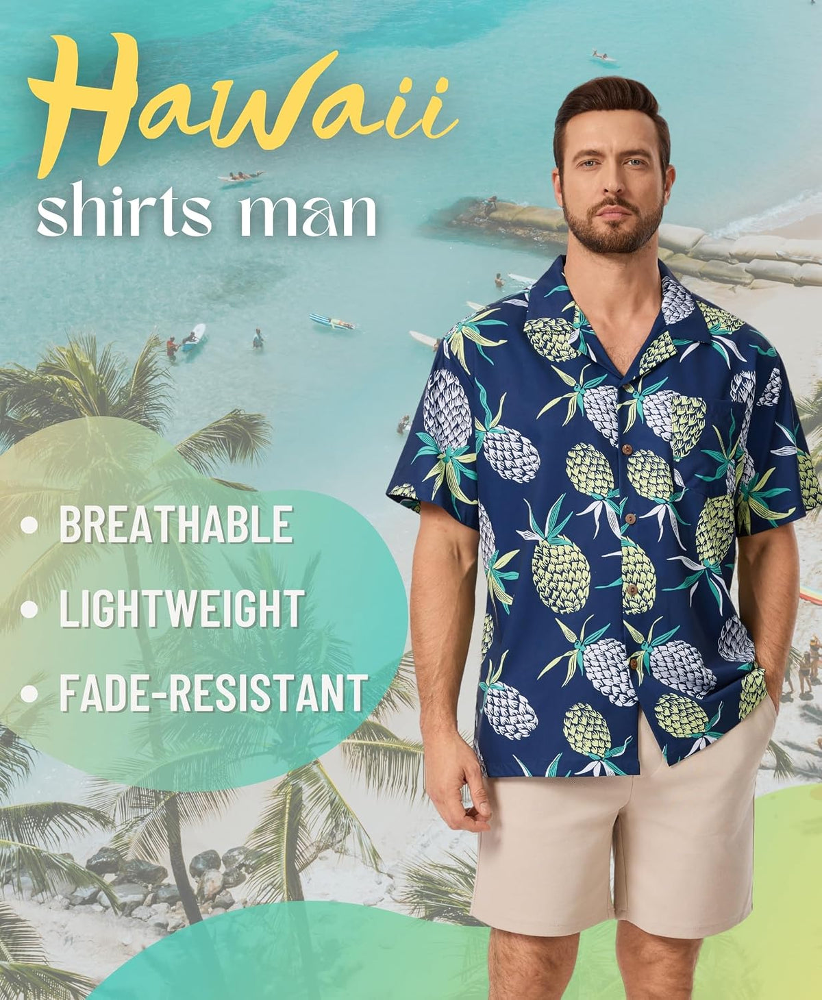 AMZSPORT Men's Hawaiian Shirt, Short Sleeve Summer Beach Shirt