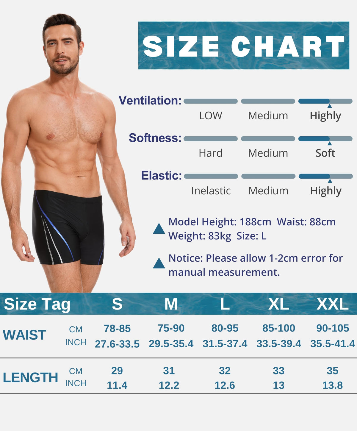 AMZSPORT Men's Tight-Fit Swim Trunks, Water Sports Swimwear