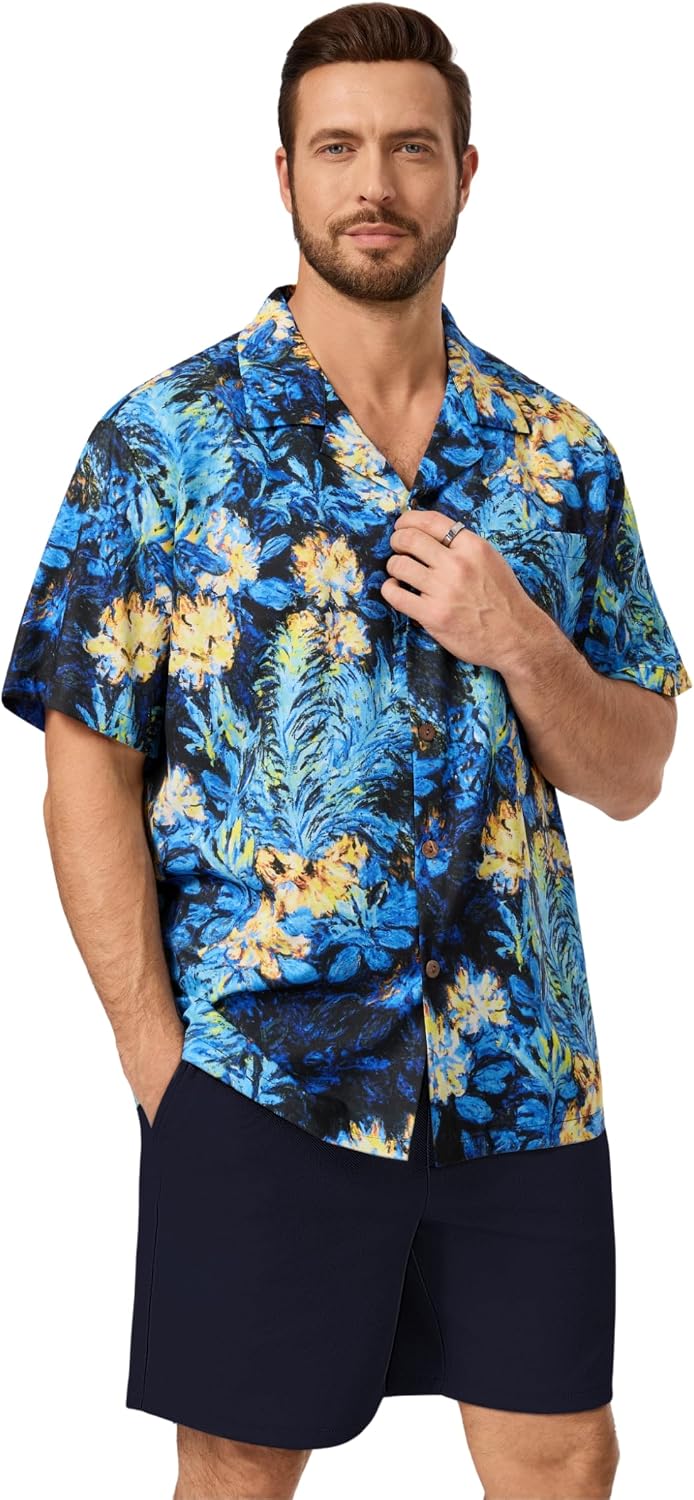AMZSPORT Men's Hawaiian Shirt, Short Sleeve Summer Beach Shirt