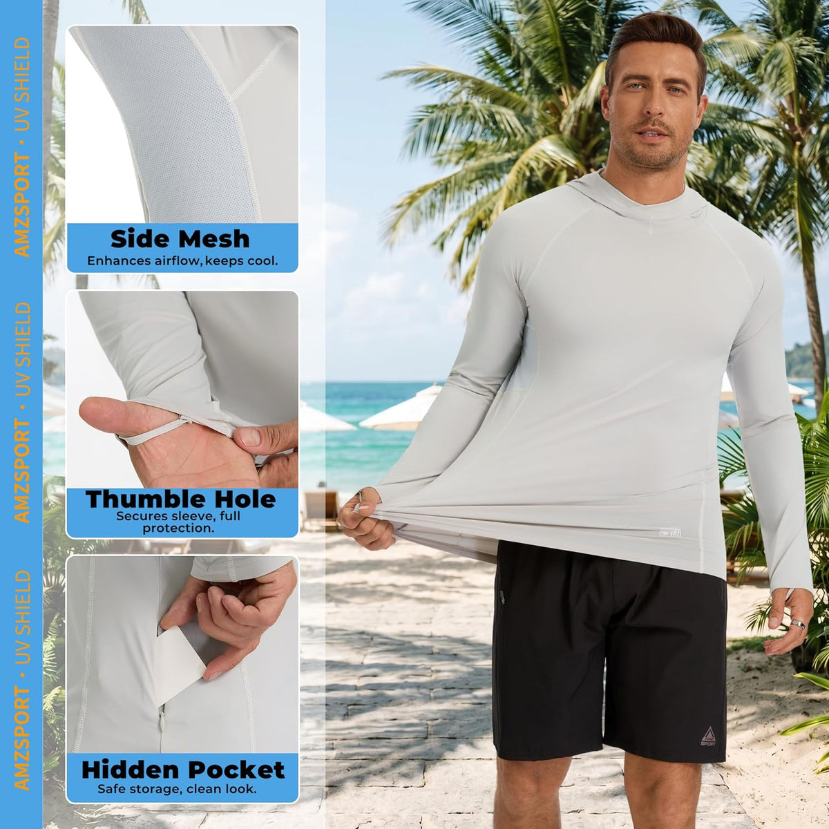 AMZSPORT Men's UPF 50+ UV Protection Hoodie with Thumb Holes, Fishing