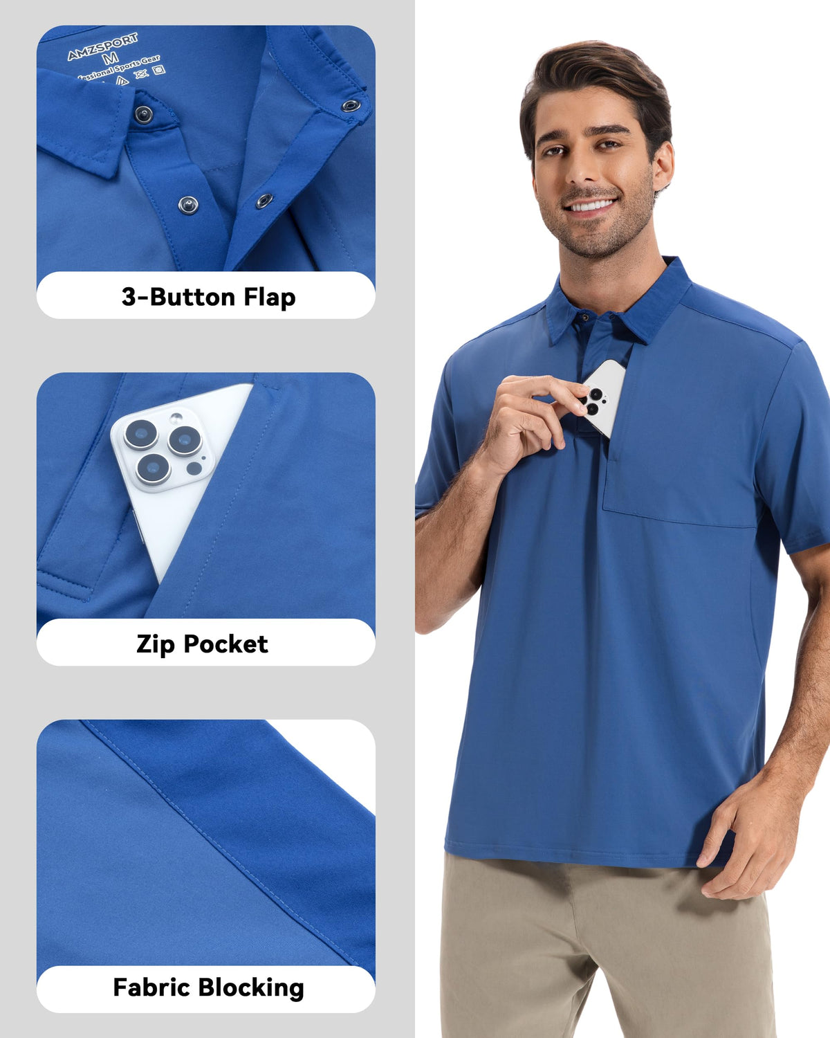 AMZSPORT Men's Short Sleeve Polo Shirt Quick-Dry Zip Pocket Sport