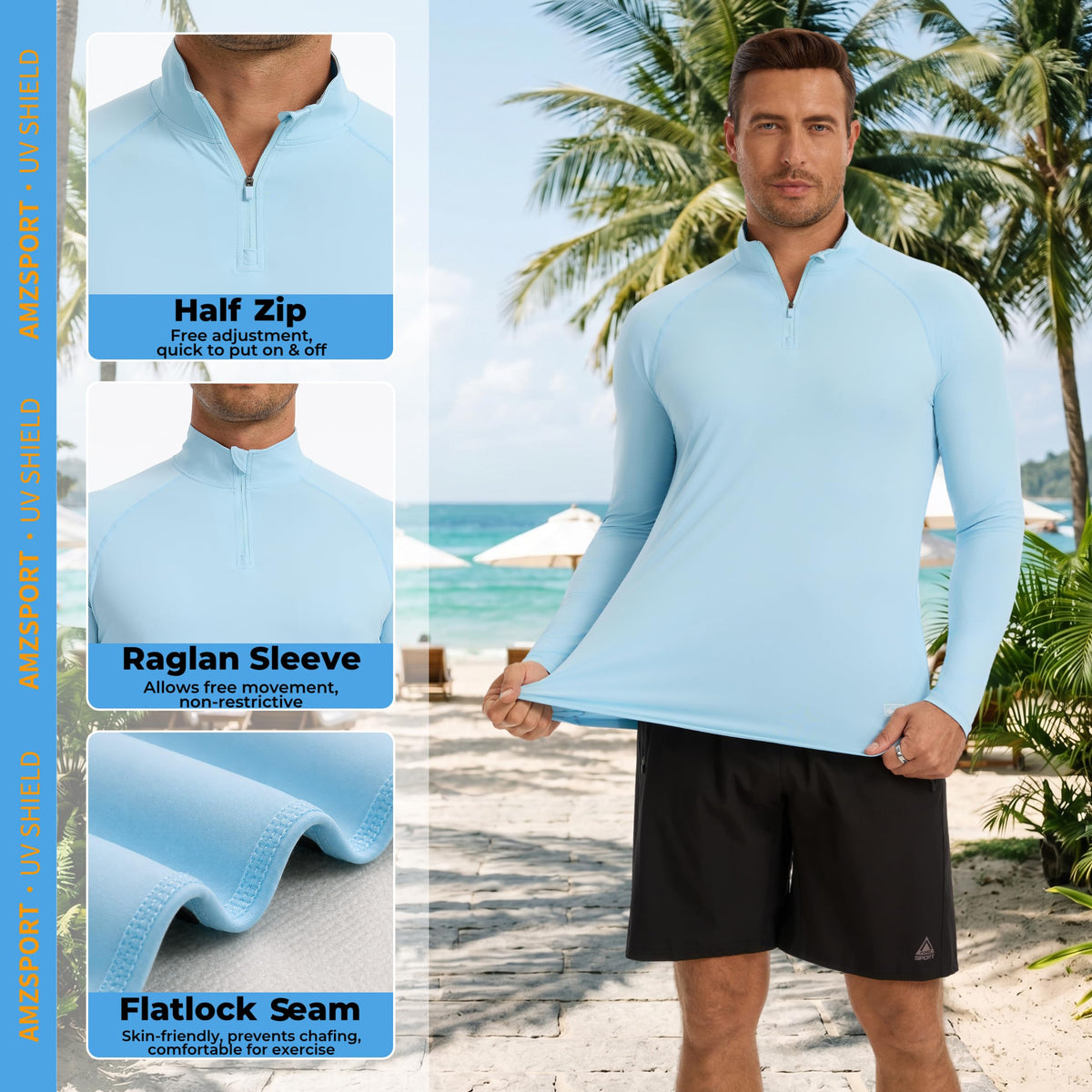 AMZSPORT Men's UPF 50+ Long Sleeve Rash Guard with 1/4 Zip