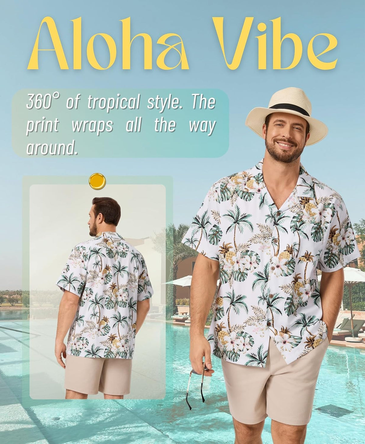AMZSPORT Men's Hawaiian Shirt, Short Sleeve Summer Beach Shirt
