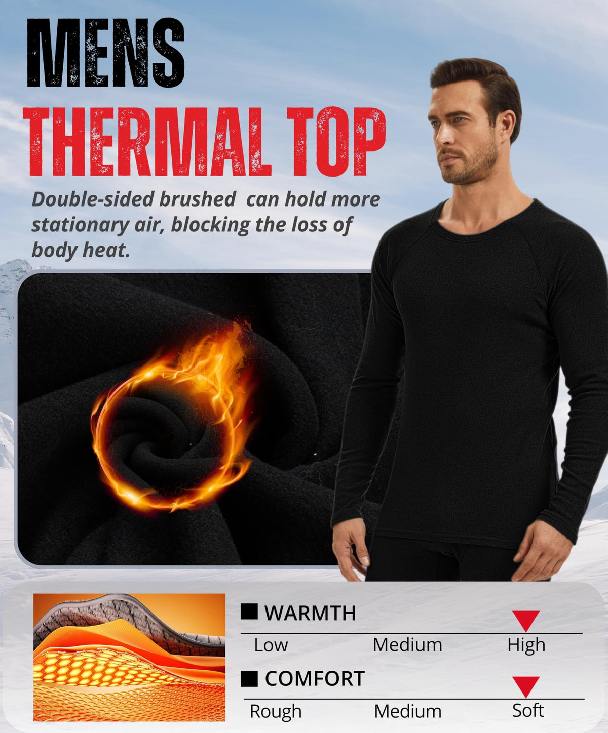 AMZSPORT Men's Thermal Long Sleeve Shirt Winter Ski Base Layer Top