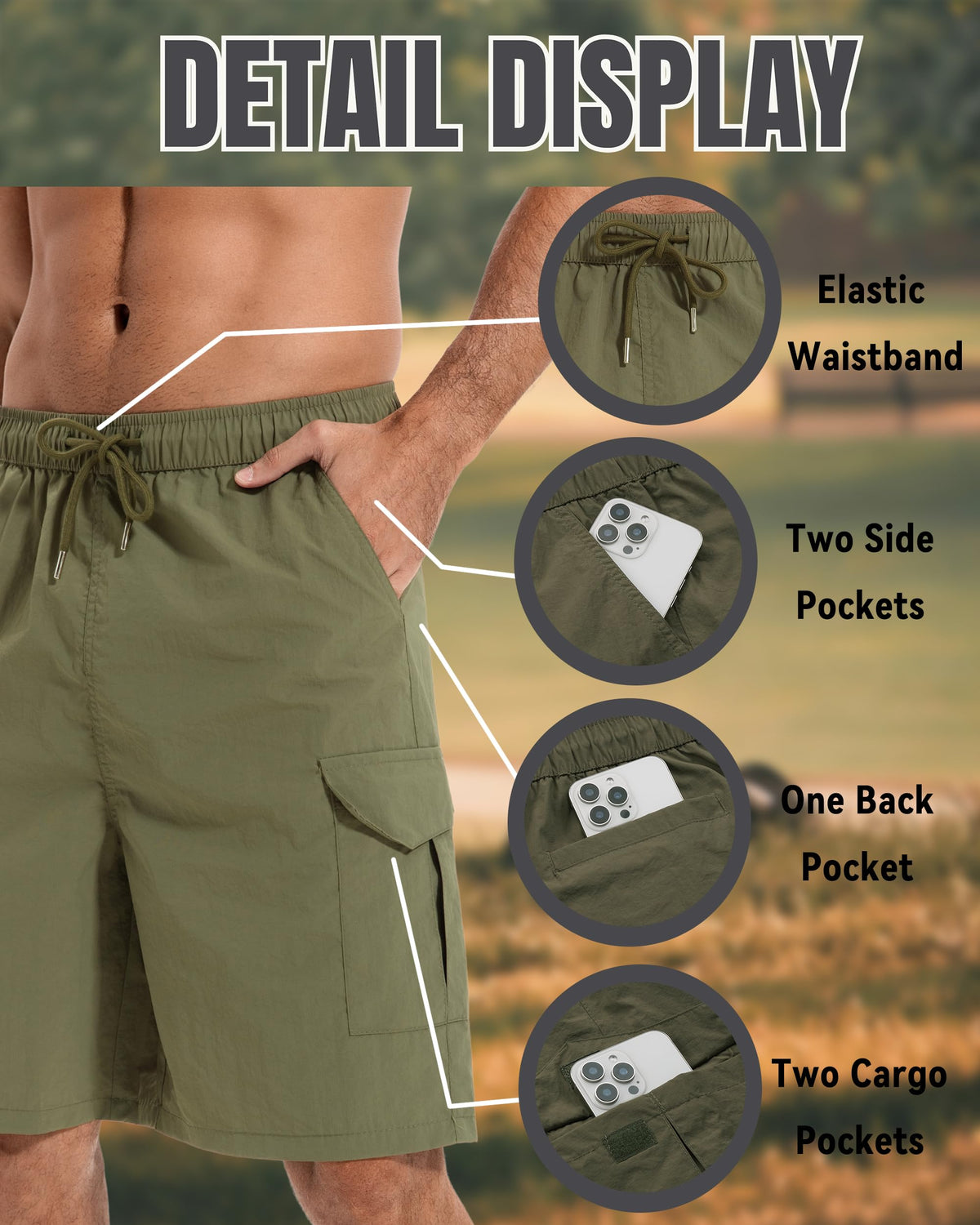 AMZSPORT Men's Lightweight Cargo Shorts with 5 Pockets