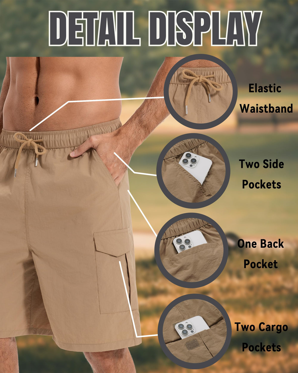 AMZSPORT Men's Lightweight Cargo Shorts with 5 Pockets