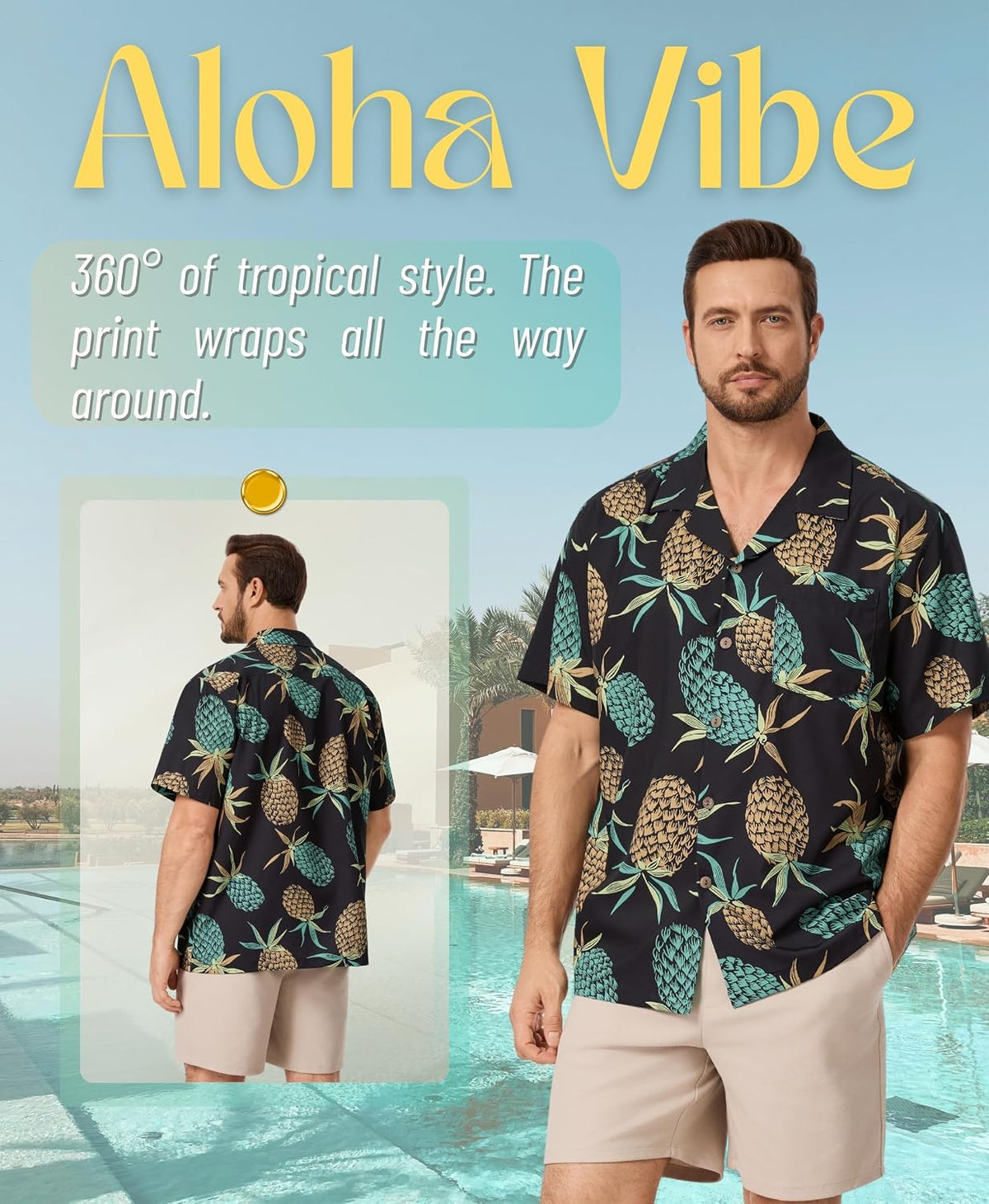 AMZSPORT Men's Hawaiian Shirt, Short Sleeve Summer Beach Shirt