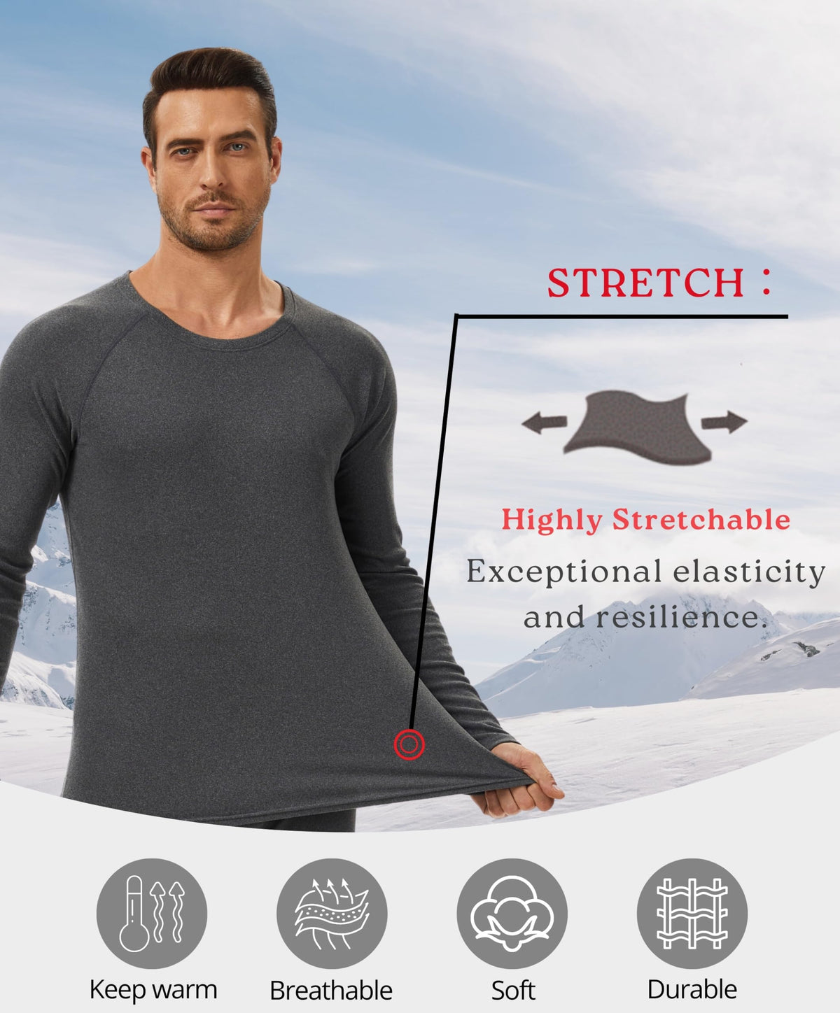 AMZSPORT Men's Thermal Long Sleeve Shirt Winter Ski Base Layer Top