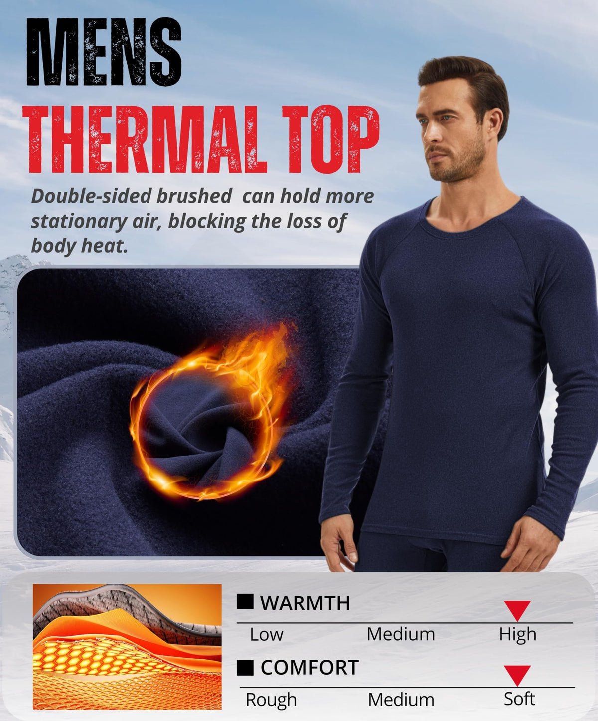 AMZSPORT Men's Thermal Long Sleeve Shirt Winter Ski Base Layer Top