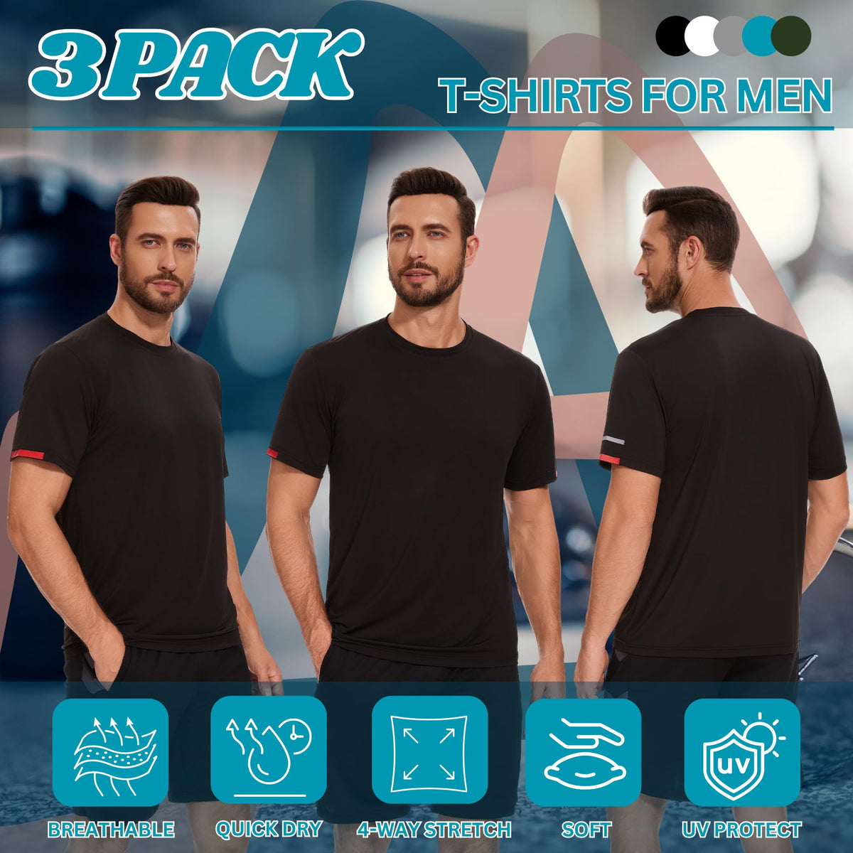 AMZSPORT Herren Sport T-Shirts, 3/5er-Pack Atmungsaktive & Schnelltrocknende Mesh Kurzarmshirts für Laufen, Training & Fitness