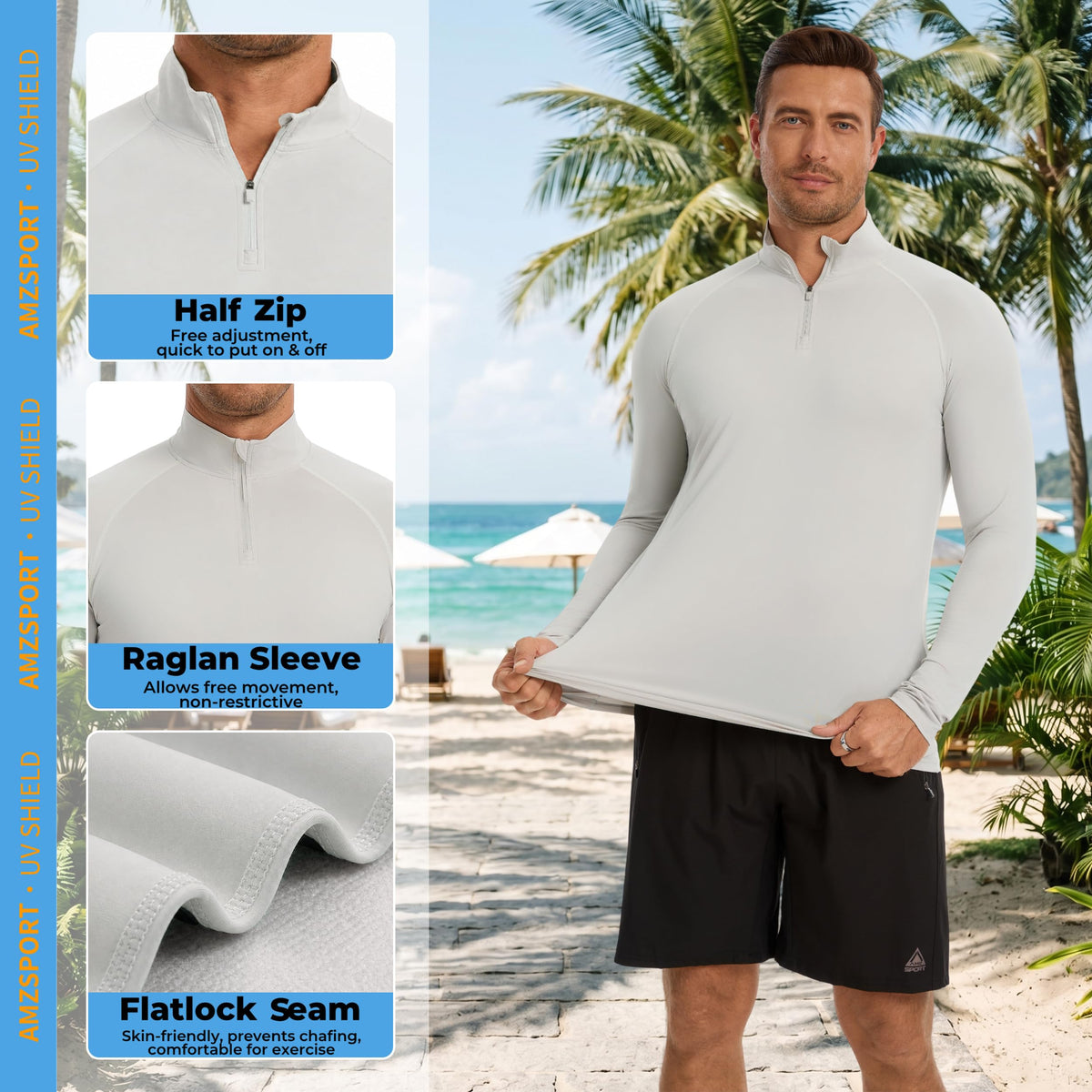AMZSPORT Men's UPF 50+ Long Sleeve Rash Guard with 1/4 Zip