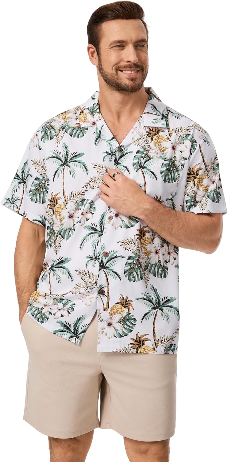 AMZSPORT Men's Hawaiian Shirt, Short Sleeve Summer Beach Shirt