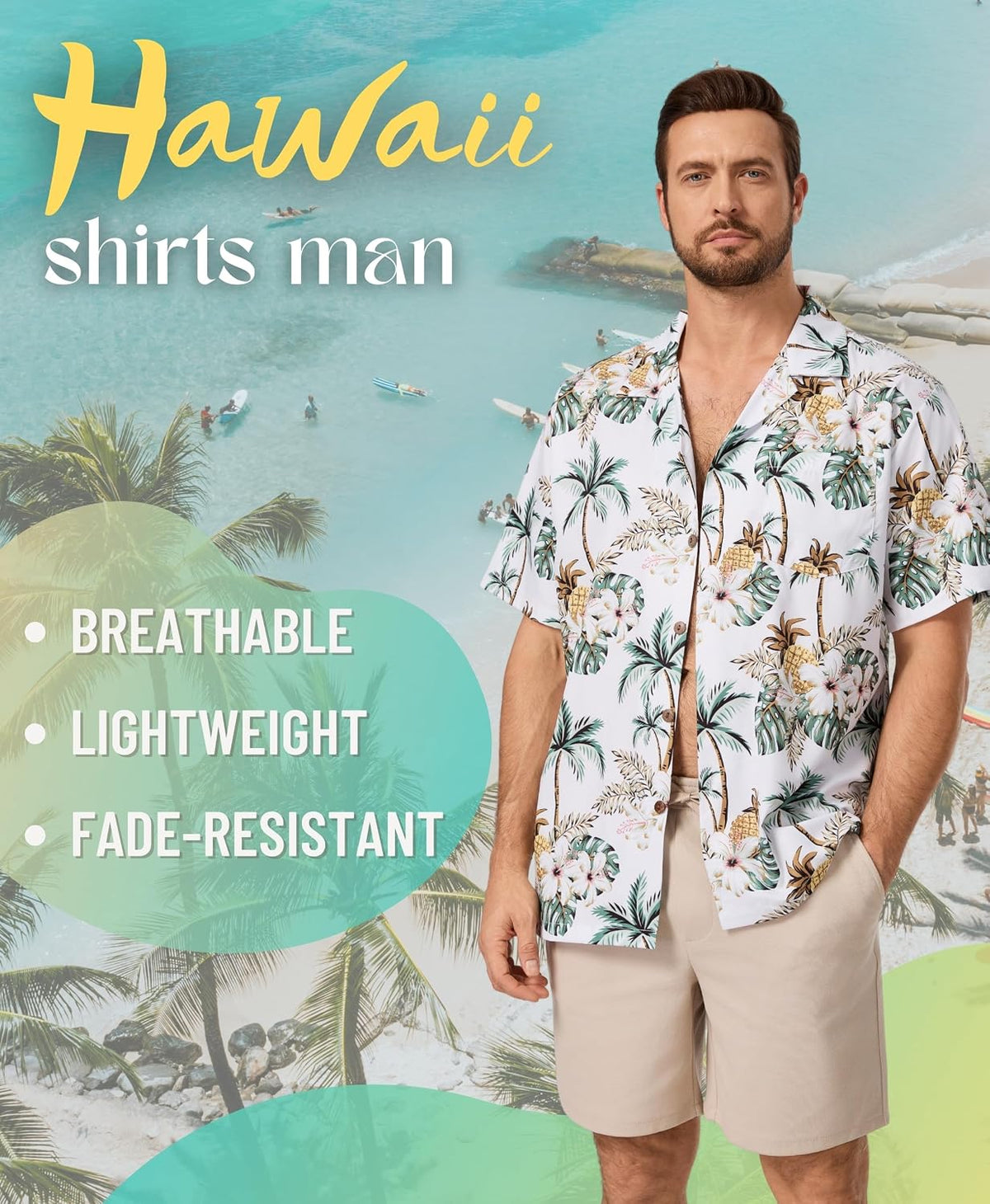 AMZSPORT Men's Hawaiian Shirt, Short Sleeve Summer Beach Shirt