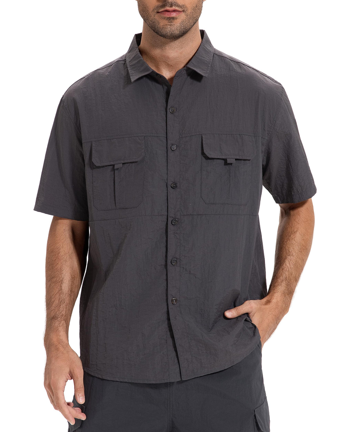 AMZSPORT Men's Quick-Dry Short Sleeve Button Shirt with Pockets