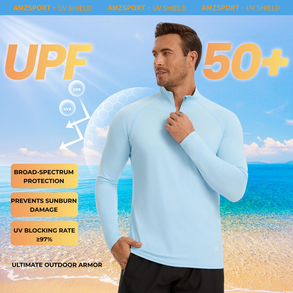 AMZSPORT Men's UPF 50+ Long Sleeve Rash Guard with 1/4 Zip