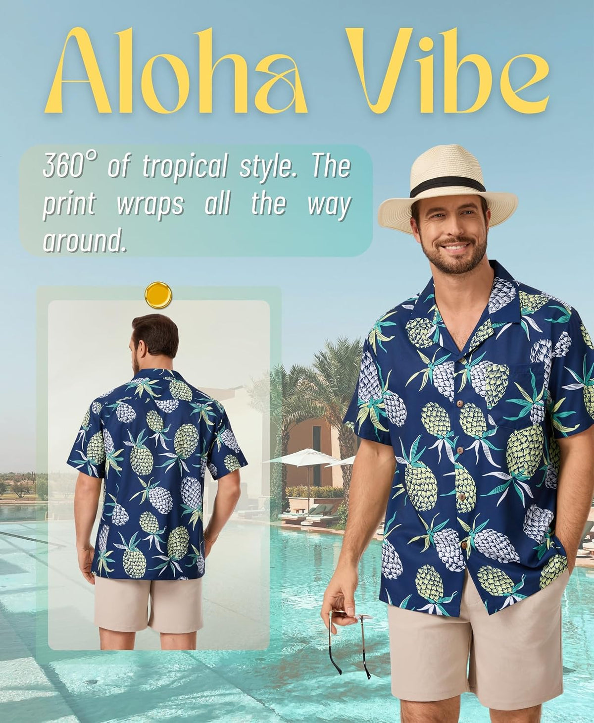 AMZSPORT Men's Hawaiian Shirt, Short Sleeve Summer Beach Shirt