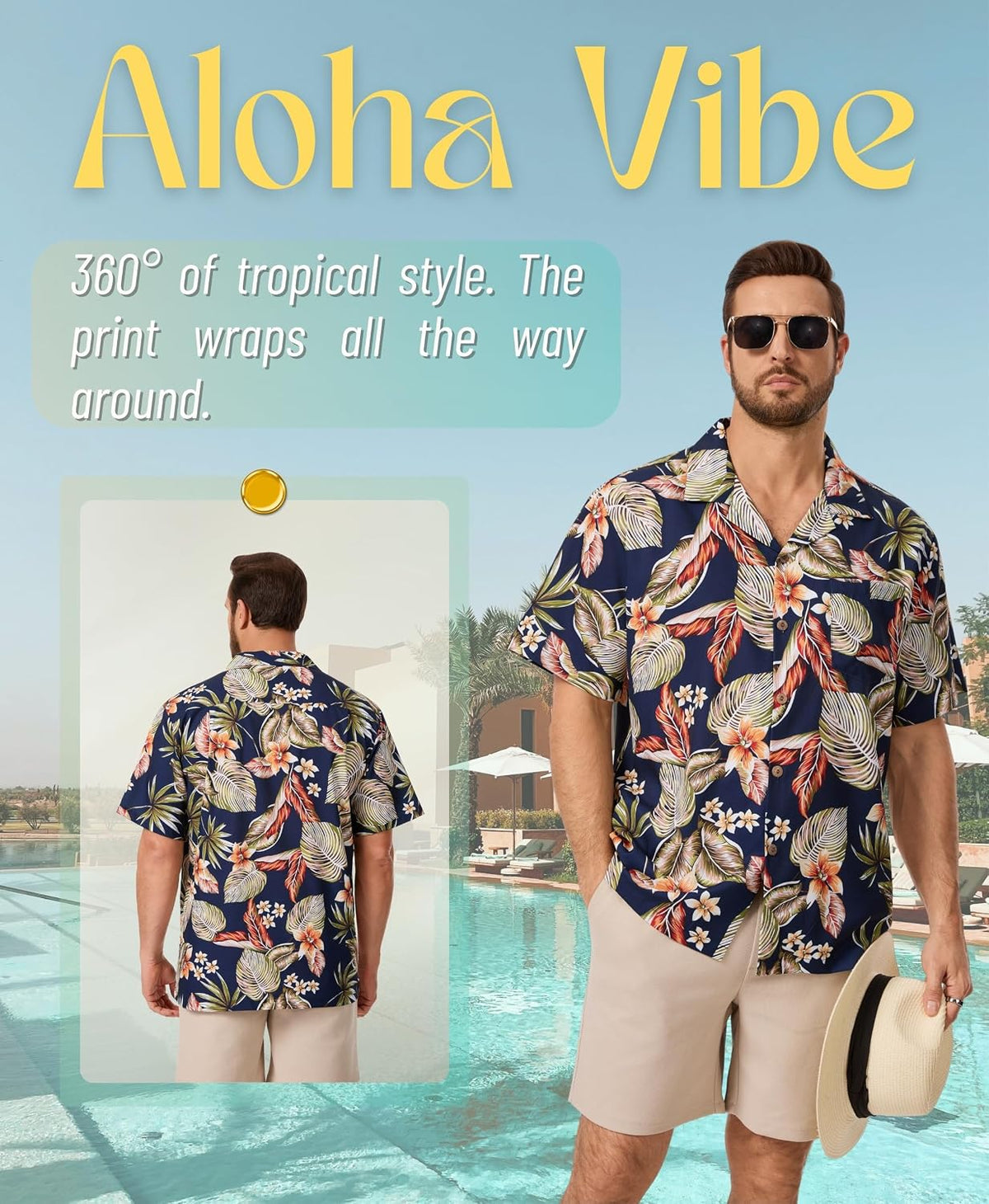 AMZSPORT Men's Hawaiian Shirt, Short Sleeve Summer Beach Shirt