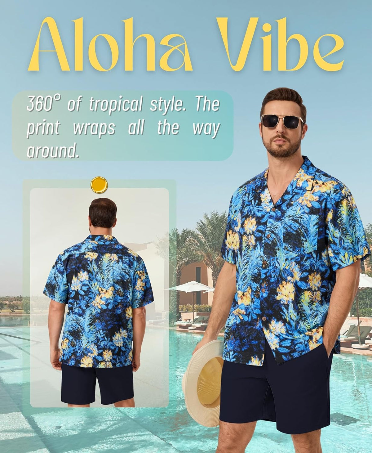 AMZSPORT Men's Hawaiian Shirt, Short Sleeve Summer Beach Shirt